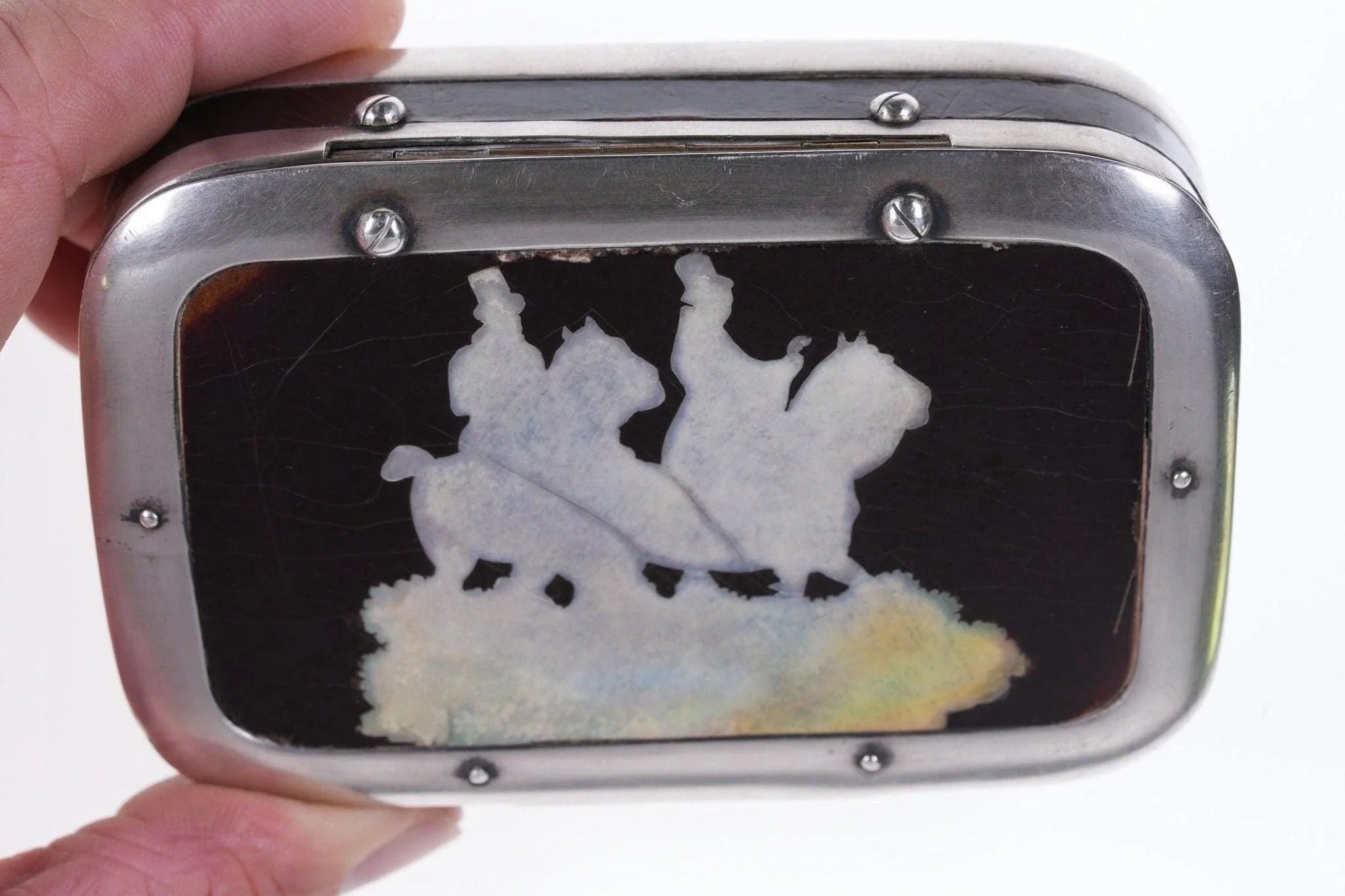 sterling silver tobacco box 18th Century sterling silver, mother of pearl inlay tobacco box with Equestrian scene sterling silver tobacco box 18th Century sterling silver, mother of pearl inlay tobacco box with Equestrian scene