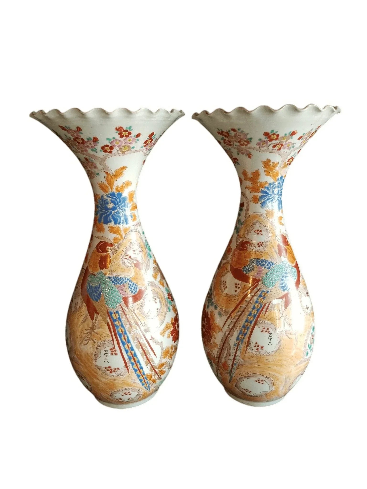 Antique Japanese Signed Kutani Vases Birds of Paradise Huge display picture 1