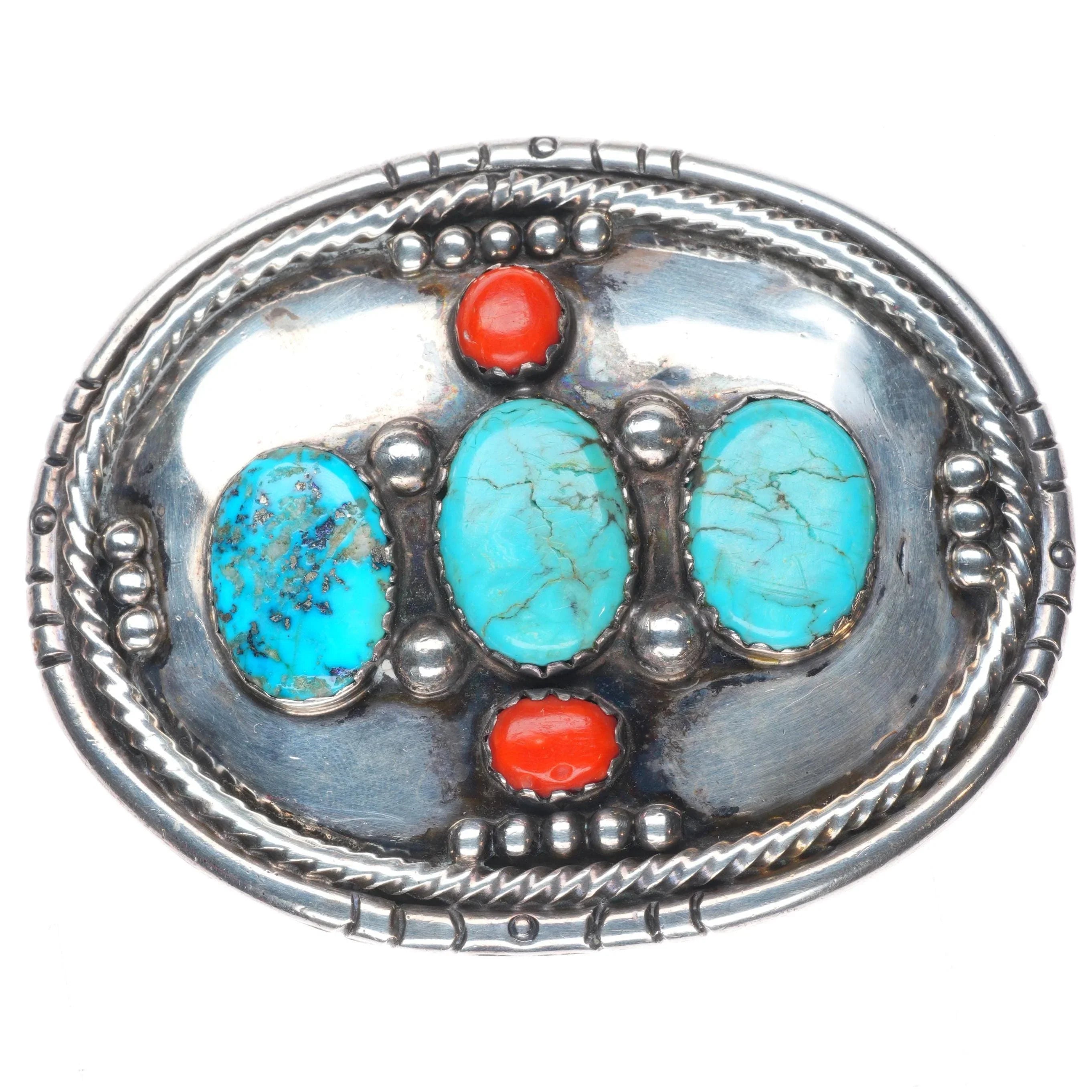 Sterling Silver Navajo Turquoise, Coral Belt Buckle (Vintage) Vintage Claw Turquoise Coral Sterling Silver Belt Buckle  main image 2