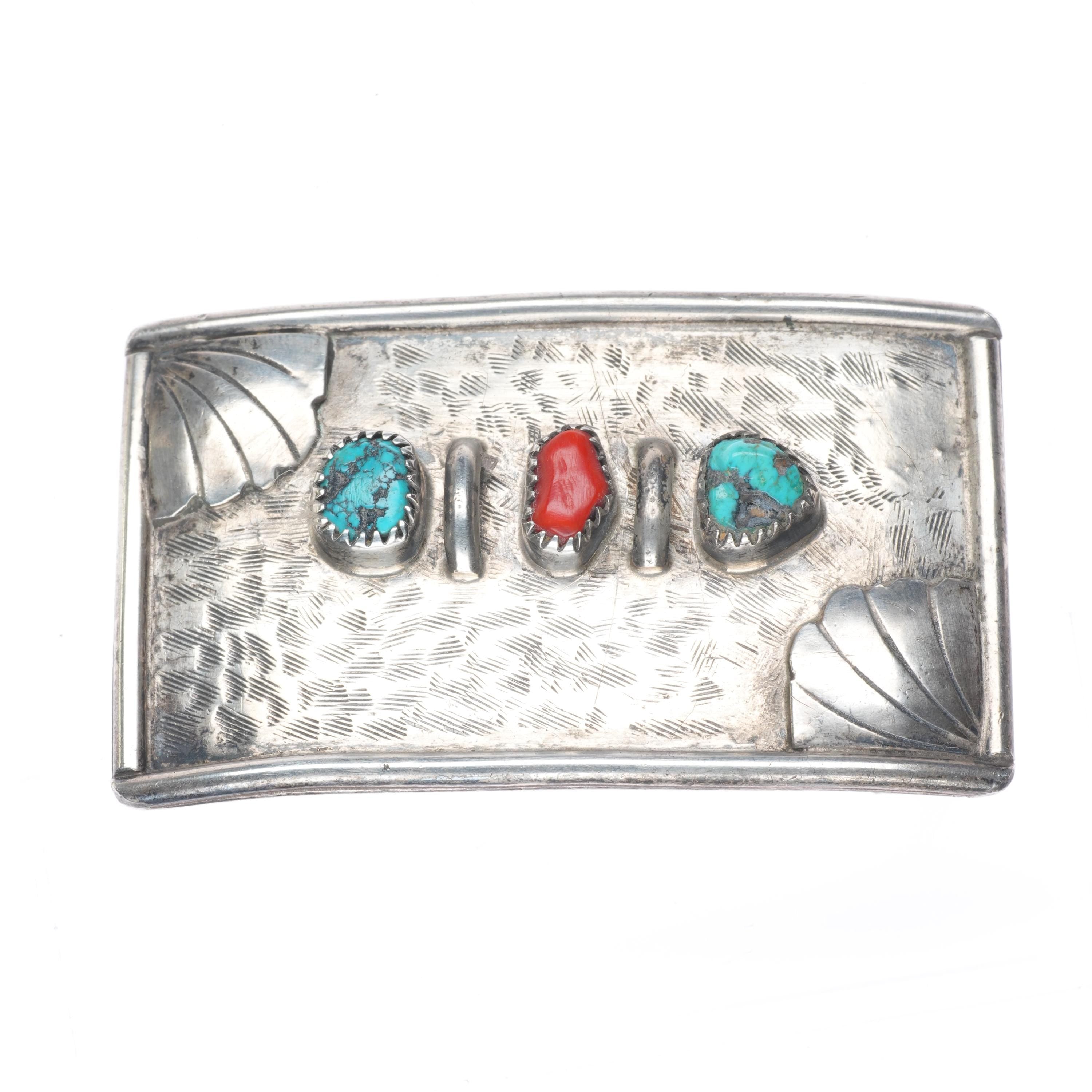 Sterling Silver Navajo Turquoise, Coral Belt Buckle (Vintage) Vintage Claw Turquoise Coral Sterling Silver Belt Buckle  main image 4