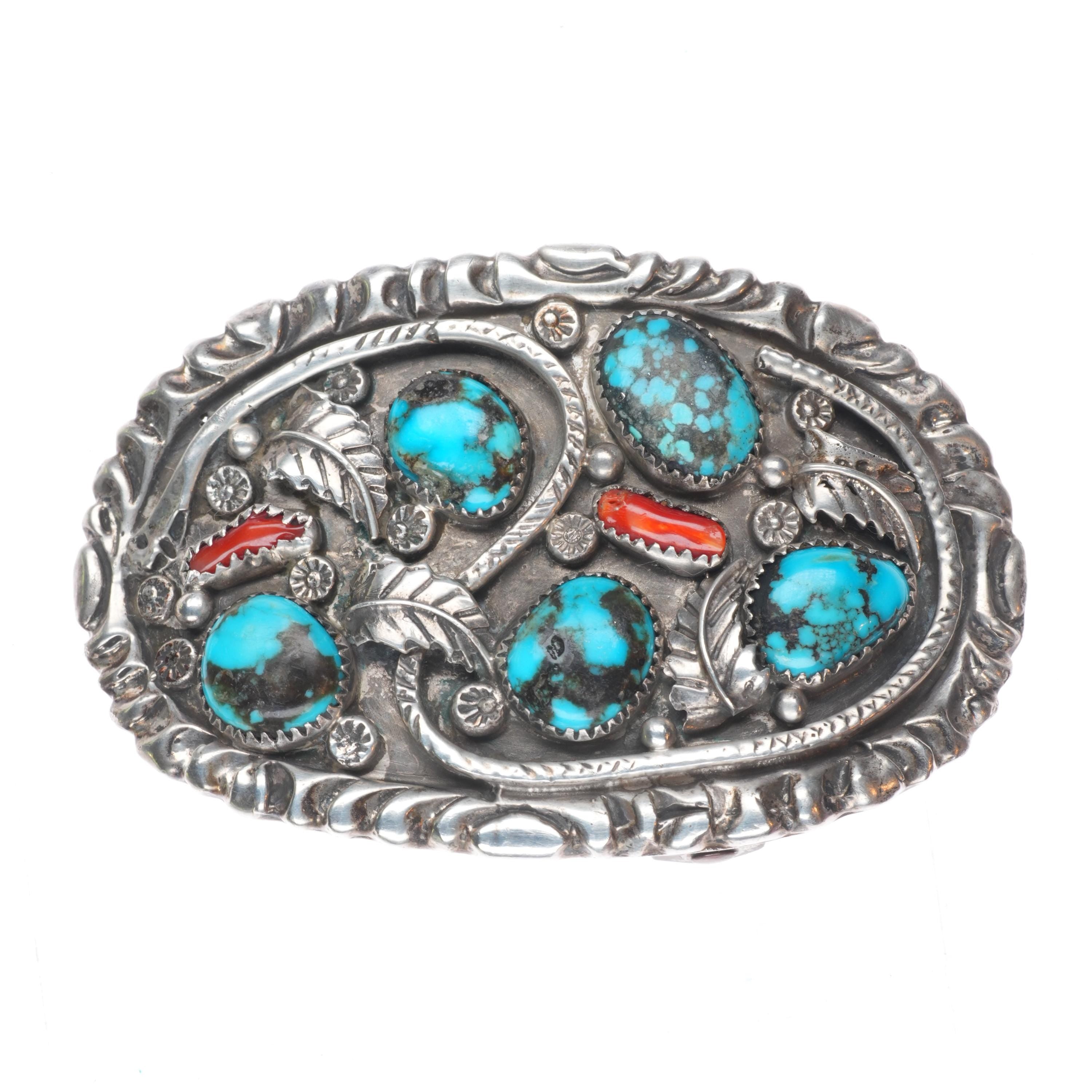 Vintage Zuni sterling silver snake belt buckle with 