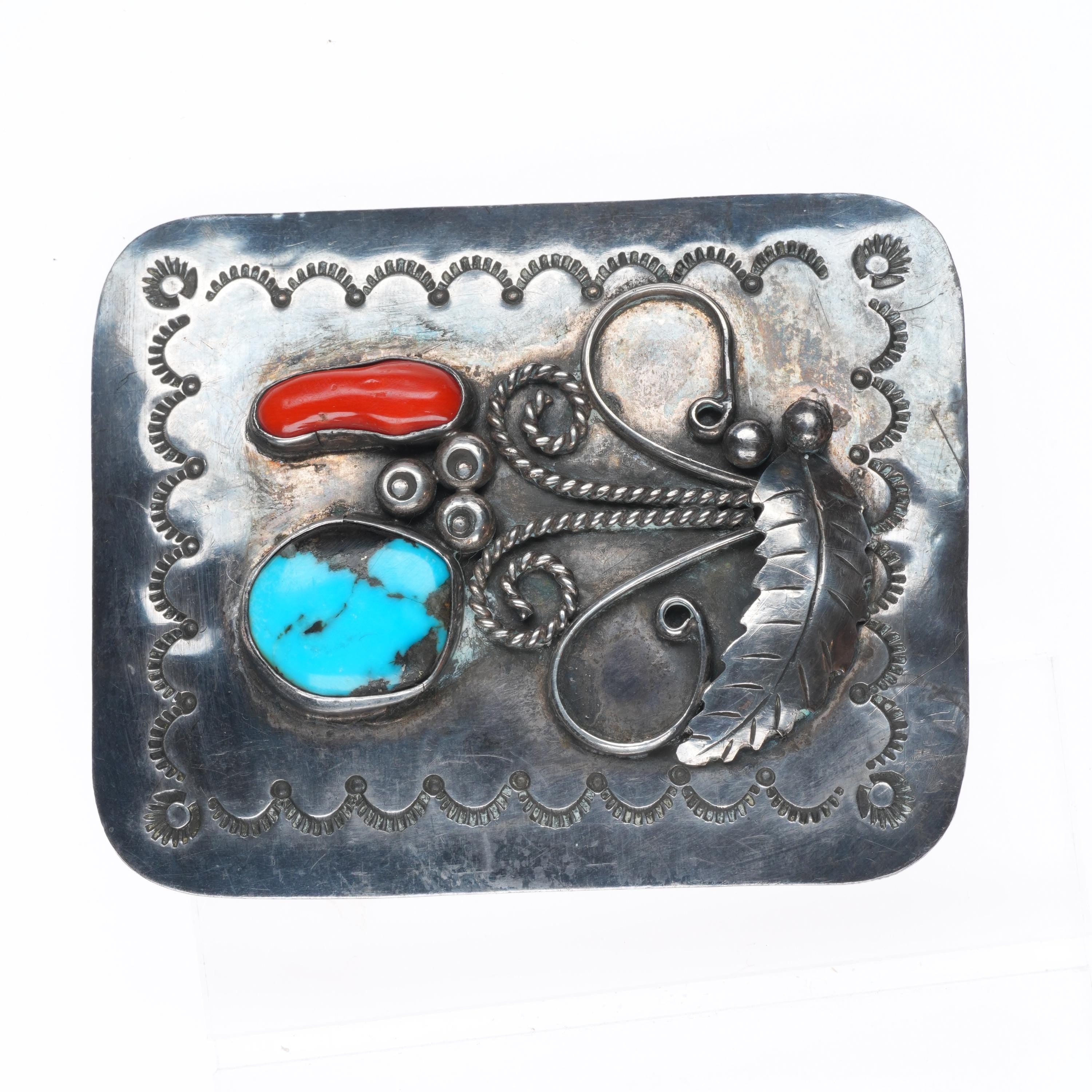 Vintage Navajo sterling silver, turquoise/coral belt buckle  display picture 1
