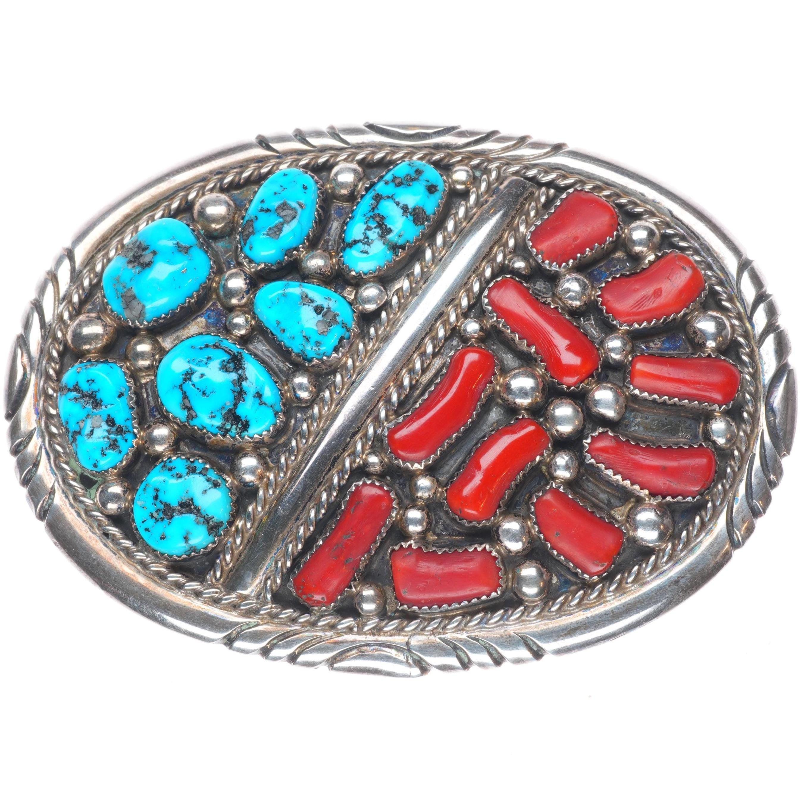 Vintage Oversized Navajo Sterling Silver, Coral & Turquoise Signed Belt Buckle 70 main image 2