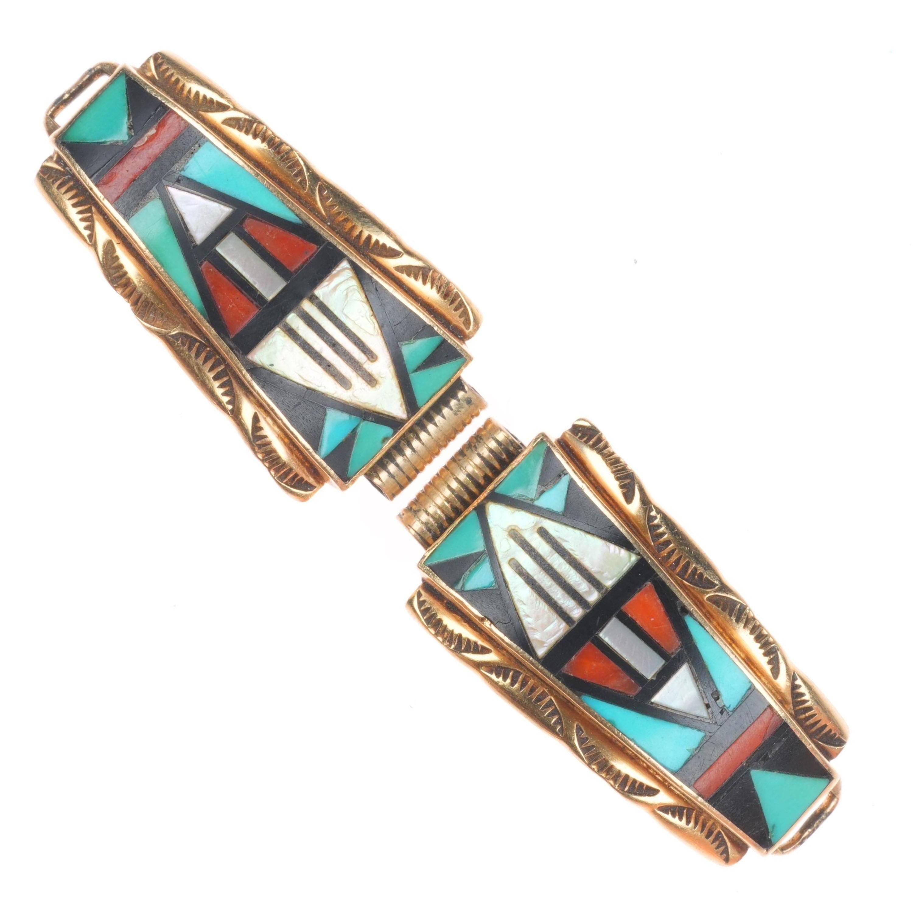 Nelson Walley vintage Zuni inlaid 14k gold ladies watch tips  display picture 1
