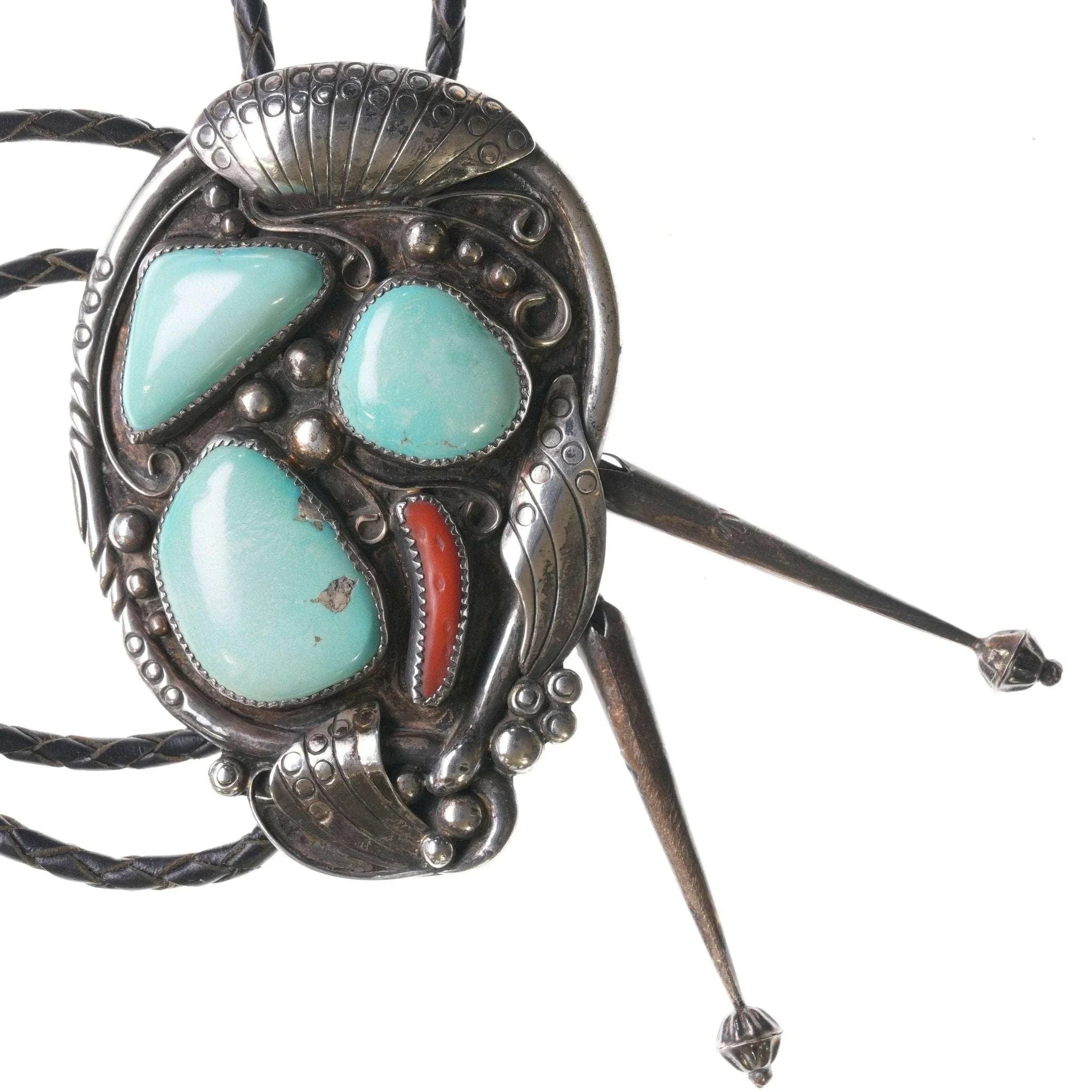 Large Vintage Navajo bolo tie with turquoise and coral – Estate 
