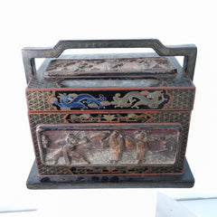 Antique Chinese Handled Box with Mica Inset Wood Carvings - Estate Fresh Austin