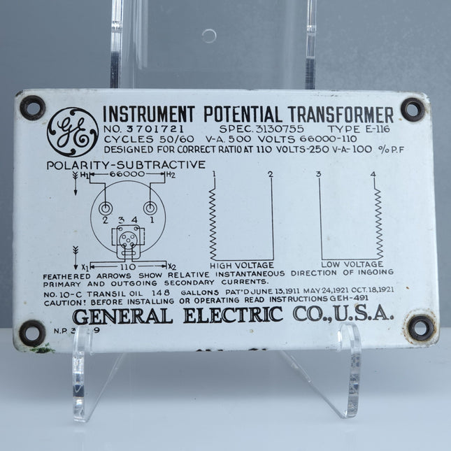 Anique General Electric Instrument Potential Transformer Porcelain Sign GE