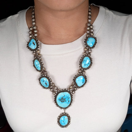c1965 Vintage Navajo sterling silver turquoise 8 stone beaded necklace