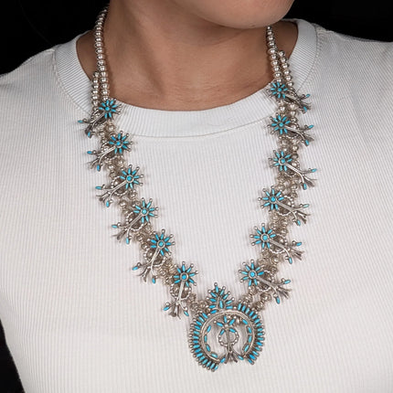 Weeka Zuni needlepoint turquoise squash blossom necklace/earring sterling silver