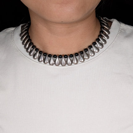 16" Retro Taxco Mexican sterling silver onyx beaded tab choker necklace