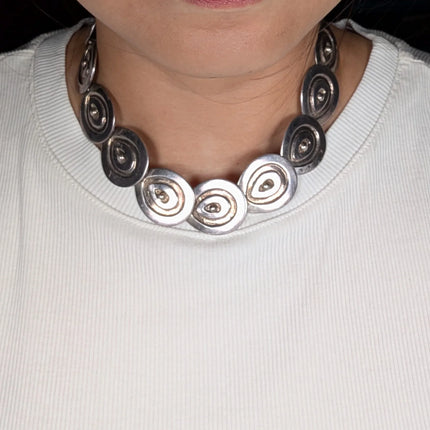 16" 1940's Taxco Art Deco Sterling silver Mexican Disks necklace