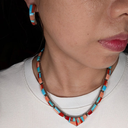 David Rosales Supersmith Coral/Turquoise sterling silver inlay necklace/earrings