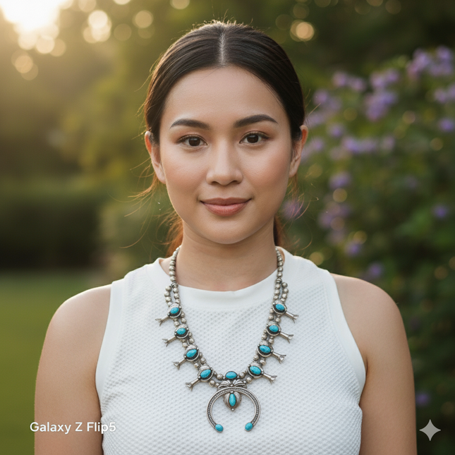 RS Navajo Vintage sterling silver shadowbox turquoise squash blossom necklace