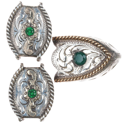 10k/Sterling Hand engraved Emerald Ranger belt buckle set - Estate Fresh Austin