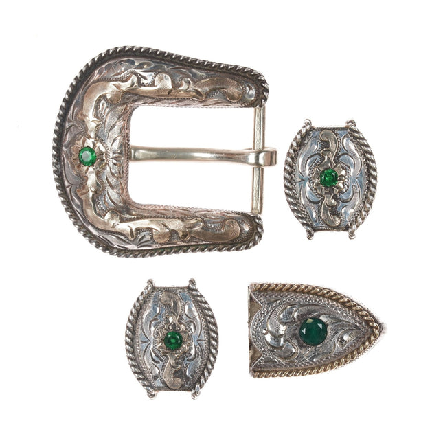 10k/Sterling Hand engraved Emerald Ranger belt buckle set - Estate Fresh Austin