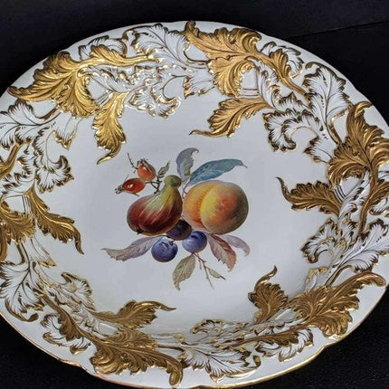 12" c1870 Meissen large Serving Bowl with heavy gold and hand painted Fruit - Estate Fresh Austin