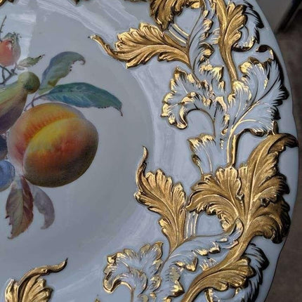 12" c1870 Meissen large Serving Bowl with heavy gold and hand painted Fruit - Estate Fresh Austin