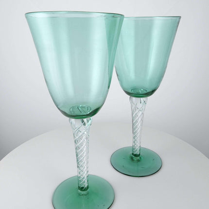 12.5" Mid Century Modern Toasting Glasses Green Air Twist Stem Huge Blenko? - Estate Fresh Austin