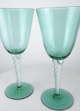 12.5" Mid Century Modern Toasting Glasses Green Air Twist Stem Huge Blenko? - Estate Fresh Austin