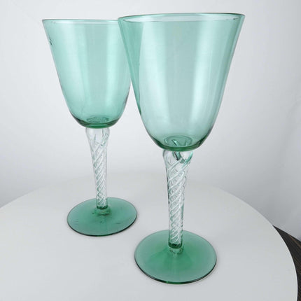 12.5" Mid Century Modern Toasting Glasses Green Air Twist Stem Huge Blenko? - Estate Fresh Austin