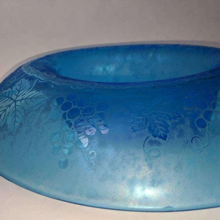 13.75" c1928 Fostoria Grape Blue Brocade Etched Cameo Glass Iridescent Oval bowl - Estate Fresh Austin