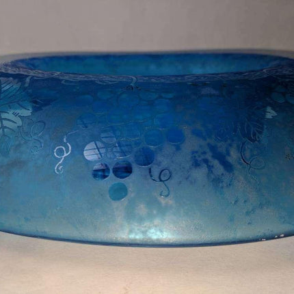 13.75" c1928 Fostoria Grape Blue Brocade Etched Cameo Glass Iridescent Oval bowl - Estate Fresh Austin