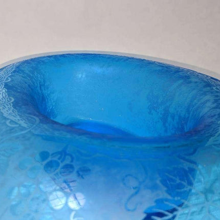 13.75" c1928 Fostoria Grape Blue Brocade Etched Cameo Glass Iridescent Oval bowl - Estate Fresh Austin