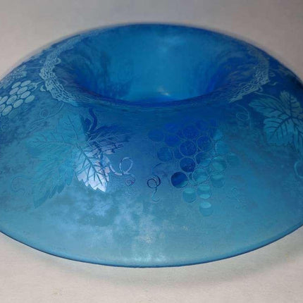 13.75" c1928 Fostoria Grape Blue Brocade Etched Cameo Glass Iridescent Oval bowl - Estate Fresh Austin