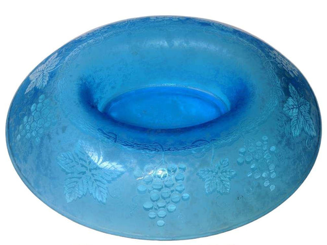 13.75" c1928 Fostoria Grape Blue Brocade Etched Cameo Glass Iridescent Oval bowl - Estate Fresh Austin