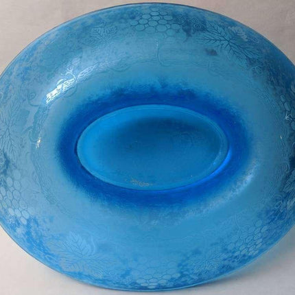 13.75" c1928 Fostoria Grape Blue Brocade Etched Cameo Glass Iridescent Oval bowl - Estate Fresh Austin