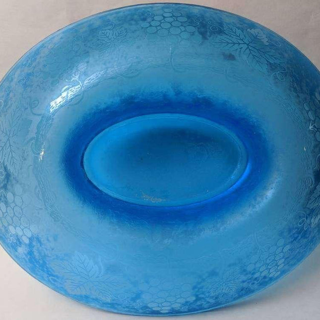 13.75" c1928 Fostoria Grape Blue Brocade Etched Cameo Glass Iridescent Oval bowl - Estate Fresh Austin