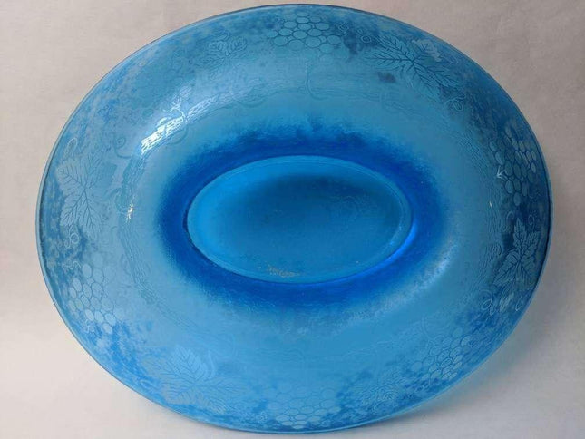 13.75" c1928 Fostoria Grape Blue Brocade Etched Cameo Glass Iridescent Oval bowl - Estate Fresh Austin