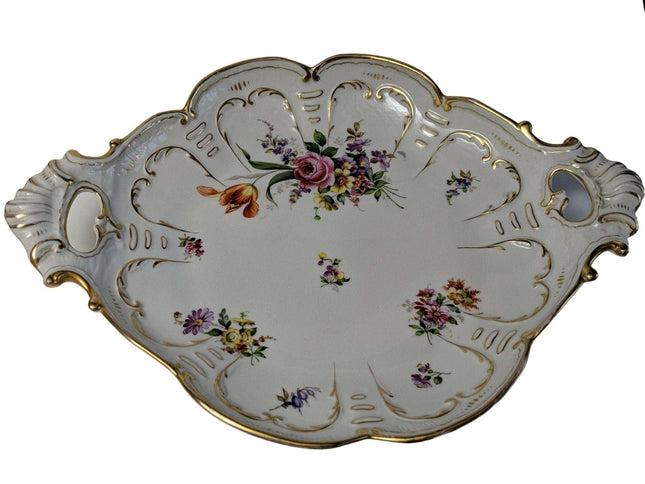 14" c1910 Schierholz Dresden Germany Hand Painted handled Serving Dish - Estate Fresh Austin