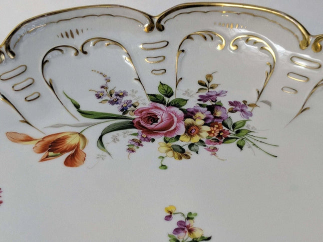 14" c1910 Schierholz Dresden Germany Hand Painted handled Serving Dish - Estate Fresh Austin