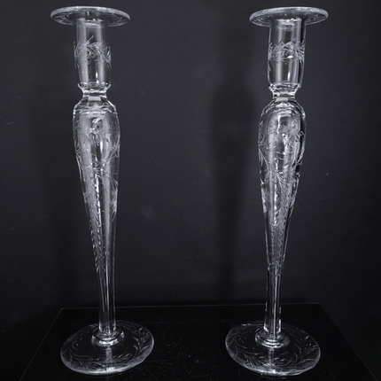 14" Large c1910 Pairpoint American Brilliant Cut Engraved Candlesticks - Estate Fresh Austin