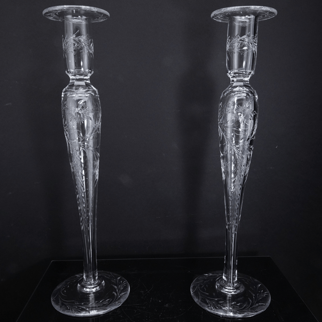 14" Large c1910 Pairpoint American Brilliant Cut Engraved Candlesticks - Estate Fresh Austin