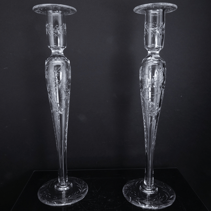 14" Large c1910 Pairpoint American Brilliant Cut Engraved Candlesticks - Estate Fresh Austin