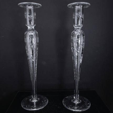 14" Large c1910 Pairpoint American Brilliant Cut Engraved Candlesticks - Estate Fresh Austin