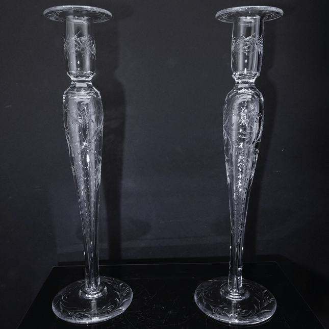 14" Large c1910 Pairpoint American Brilliant Cut Engraved Candlesticks - Estate Fresh Austin