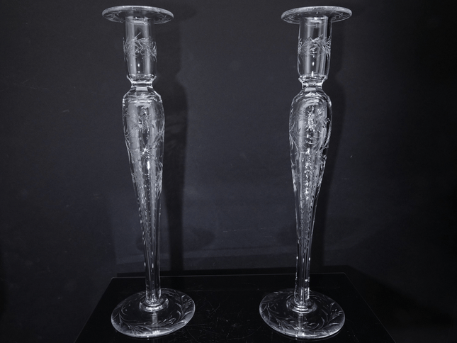 14" Large c1910 Pairpoint American Brilliant Cut Engraved Candlesticks - Estate Fresh Austin