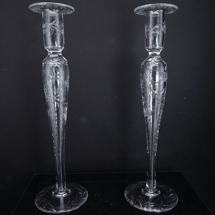 14" Large c1910 Pairpoint American Brilliant Cut Engraved Candlesticks - Estate Fresh Austin