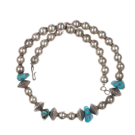 14.5" 1970's Navajo sterling and turquoise beaded choker necklace - Estate Fresh Austin