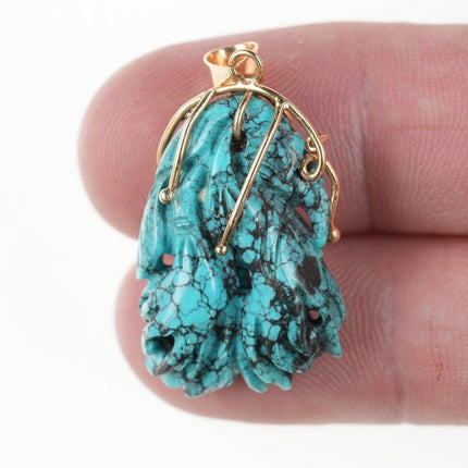 14k gold, Diamond, Chinese Carved Hubei Spiderweb turquoise pendant - Estate Fresh Austin