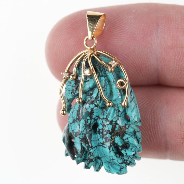 14k gold, Diamond, Chinese Carved Hubei Spiderweb turquoise pendant - Estate Fresh Austin