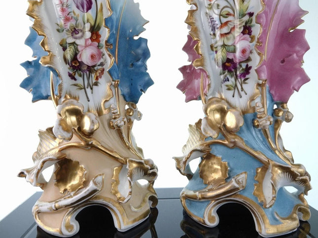 15" c1850 Old Paris Porcelain Mantle Vases Pair - Estate Fresh Austin