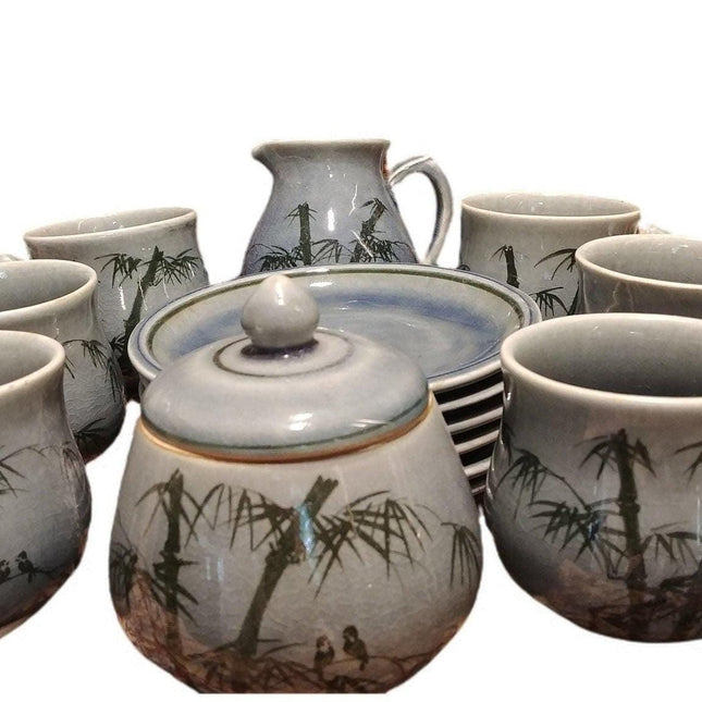 15 pieces Desert or Tea/coffee Set Blue Bamboo Siam Celadon 1986 Artist signed A - Estate Fresh Austin