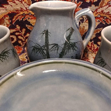 15 pieces Desert or Tea/coffee Set Blue Bamboo Siam Celadon 1986 Artist signed A - Estate Fresh Austin