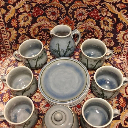 15 pieces Desert or Tea/coffee Set Blue Bamboo Siam Celadon 1986 Artist signed A - Estate Fresh Austin