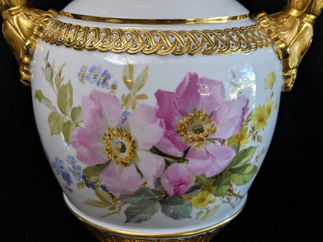 15.4" c1860 Meissen Vase serpent Handles Hand Painted, Heavy Gold - Estate Fresh Austin