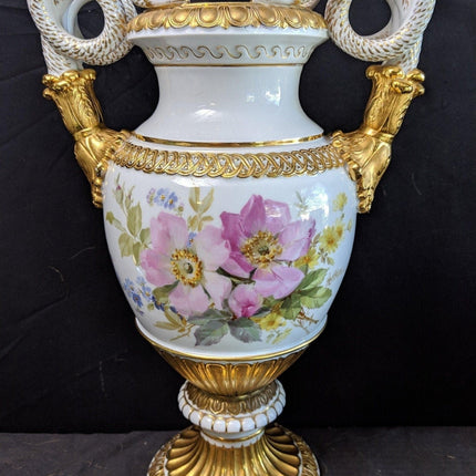 15.4" c1860 Meissen Vase serpent Handles Hand Painted, Heavy Gold - Estate Fresh Austin